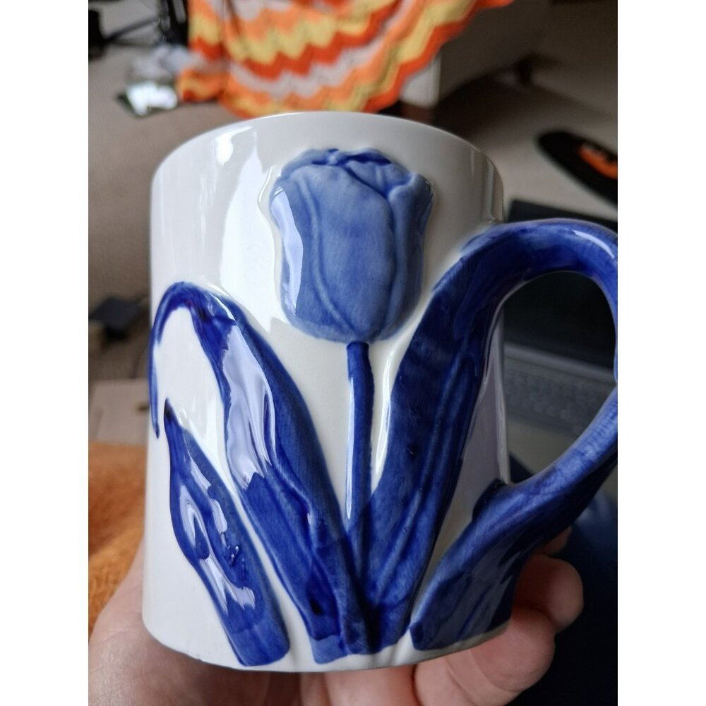 Blue delft hand painted tulip mugs X 2